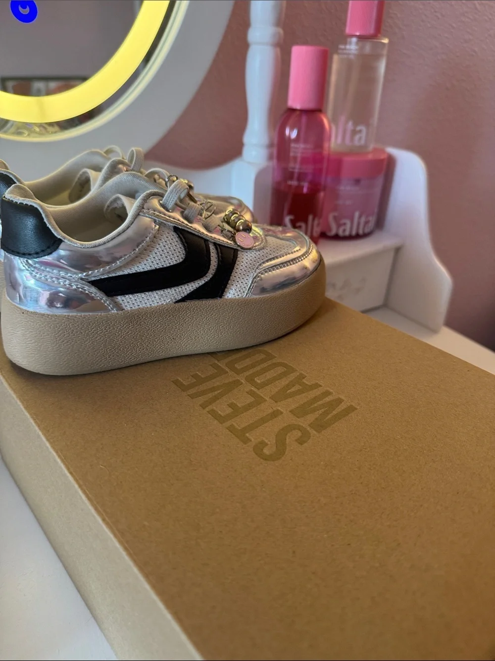 Steve Madden Silver Kids Platform Sneakers with Black Accent